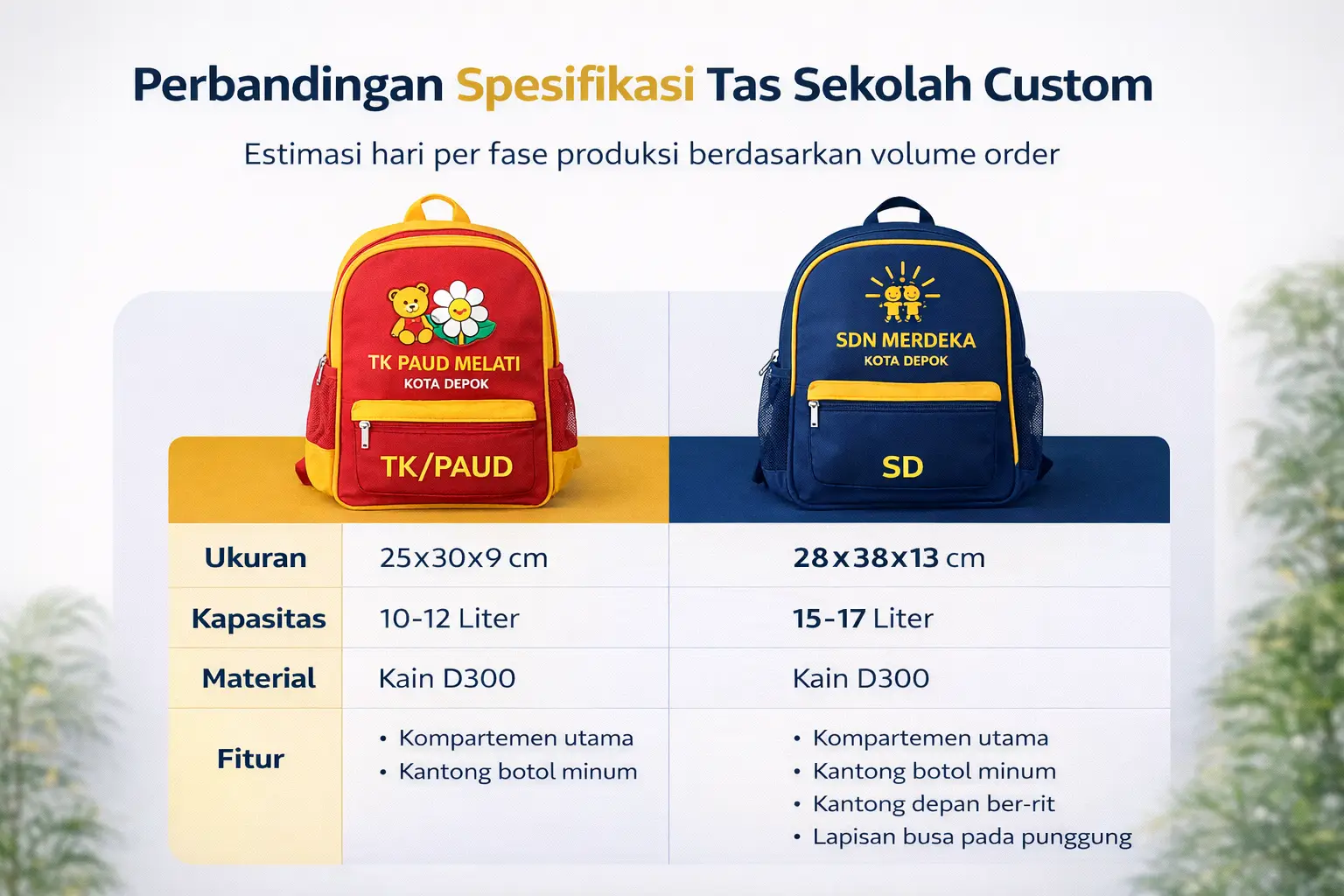 spesifikasi tas sekolah custom per jenjang TK PAUD SD